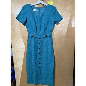 Vintage Bonnie Marx Womens Dress 8 Green Blue 80s Short Sleeve